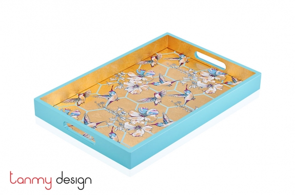 Blue rectangle lacquer tray with hummingbird pattern 30*45*4.5 cm